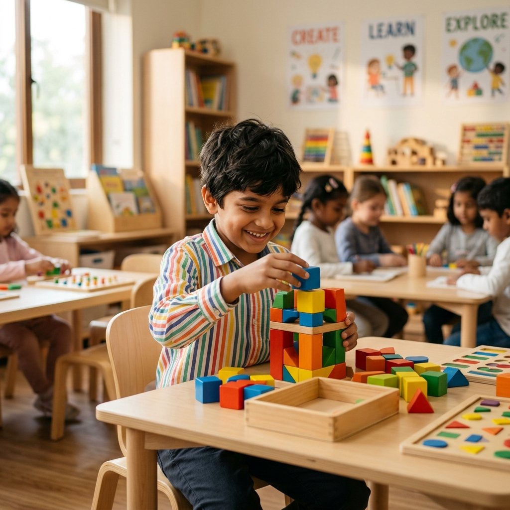 Indian child focusing on cognitive exercises