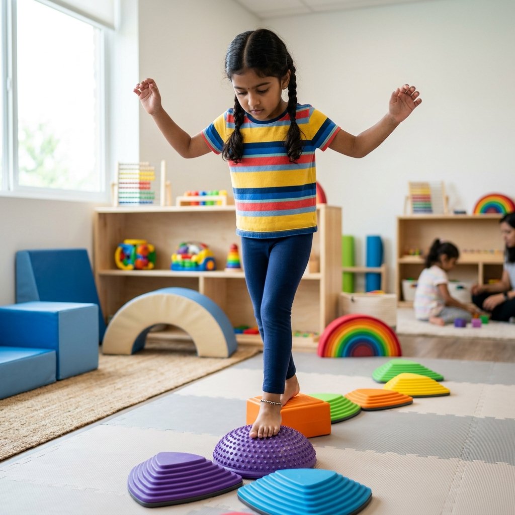 Indian child doing balance and motor coordination exercises